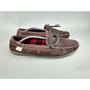 Tamarac Moccasin Slippers Mens Leather Size 11 Buffalo Plaid Flannel Lined Brown
